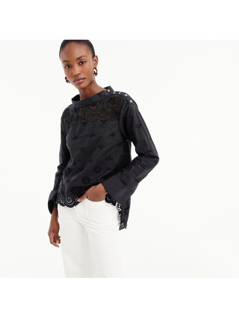 J Crew Long Sleeve Funnelneck Eyelet Top Black Size 4